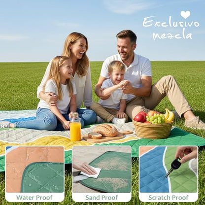 Exclusivo Mezcla Extra Large Waterproof Picnic Blankets 3 Layer, Sandproof and Foldable Outdoor Blanket for Beach Camping, Park and Travel - color: Waved Green