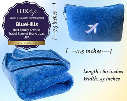 BlueHills Travel Blanket Pillow in Mini Soft Case Premium Plush Airplane Blanket in Soft Bag Compact Pack with Luggage Belt and Backpack Clip Car Portable Cozy Traveling Accessories - Royal Blue M07 - color: Royal-m07