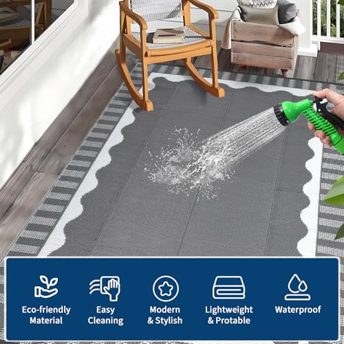 Garvee Large Scalloped Outdoor Rug 9x12 Patio Rugs Outdoor Waterproof, Reversible Plastic Straw Camping Rug, Modern Bordered Outside Mats for Picnic Backyard Deck Balcony Beach Trailer, Grey - color: Bordered|grey, size: 9' x 12' (Rectangular)