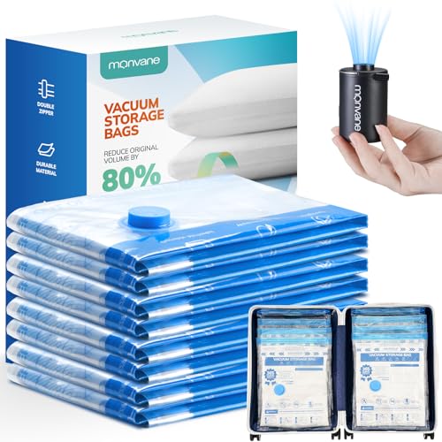 MONVANE Vacuum Storage Bag Set with Cordless Electric Air Pump, 8 Pack(45 * 35cm) Double Zip Seal Space Saver Bag, Vacuum Sealer Bags for Travel and Outdoor Storage