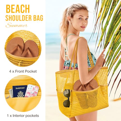 KPX Beach Bag with Mini Pocket, Summer Beach Tote Bags for Women Large Foldable Mesh Swimming Pool Travel Bags - Sandproof - color: Orange