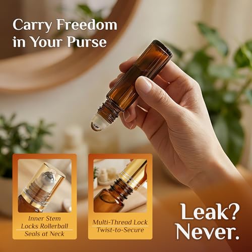 PrettyCare 4 Pack Amber Glass Oil Roller Bottles for Essential Oils 10ml, Roll On Bottles with Stainless Steel Roller Ball Leak-Proof Perfume Travel Refillable Bottle Empty, Beauty & Personal Care - color: Amber with Golden Cap, size: 4 Pack