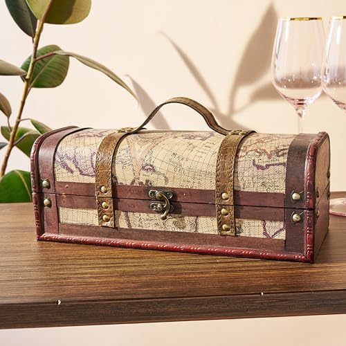 Twine Old World Wine Bottle Gift Box, Wooden Wine Box with Lid and Handle, Wood, Faux Leather, Antique Map Design, Holds 1 Bottle - size: 1 Bottle