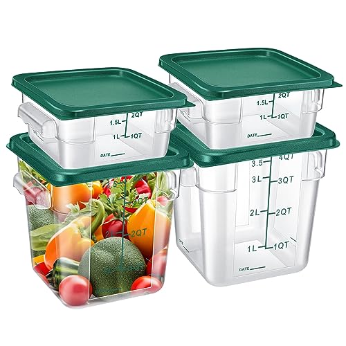 Barydat 4 Pcs Square Food Storage Containers with Lids Measurement Scales, 2qt & 4qt Clear Plastic Stackable Containers for Dough Proofing Baking Kitchen Restaurant and Pantry Organization(Green) - color: Green
