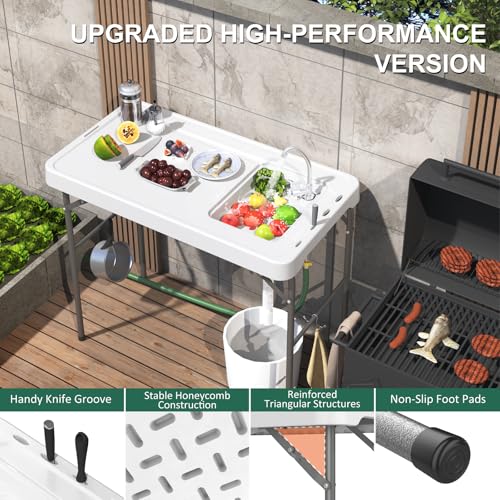 42.5" Fish Cleaning Table with Sink, Folding Camping Table & Fish Cleaning Station with Measure Mark, Camping Sink with Hose Hookup for Outdoor Picnic, Beach, Dock & Patio Use - style: Fish cleaning table