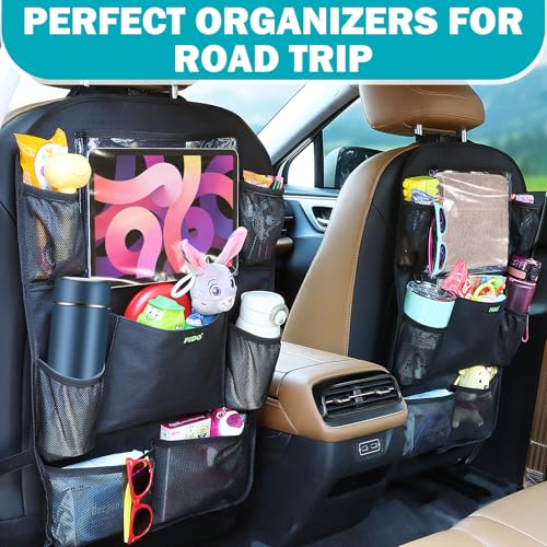 PIDO Backseat Car Organizer, Car Seat Organizer for Kids with Touch Screen Tablet Holder and 8 Pockets, Automotive Seat Back Kick Mat Made with Heavy Duty Fabric, Road Trip Essentials, 2 Pack
