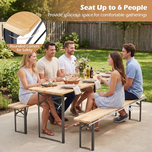 Tangkula 3 Piece Folding Picnic Table with 2 Benches, Foldable Wood Picnic Table Bench Set with Heavy-Duty Metal Frame for 6, Space-Saving Outside Table and Bench Set for Backyard, Patio, Garden
