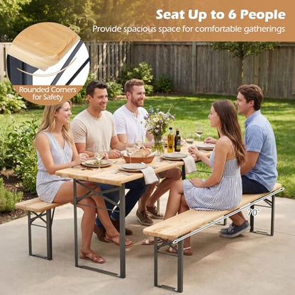 Tangkula 3 Piece Folding Picnic Table with 2 Benches, Foldable Wood Picnic Table Bench Set with Heavy-Duty Metal Frame for 6, Space-Saving Outside Table and Bench Set for Backyard, Patio, Garden