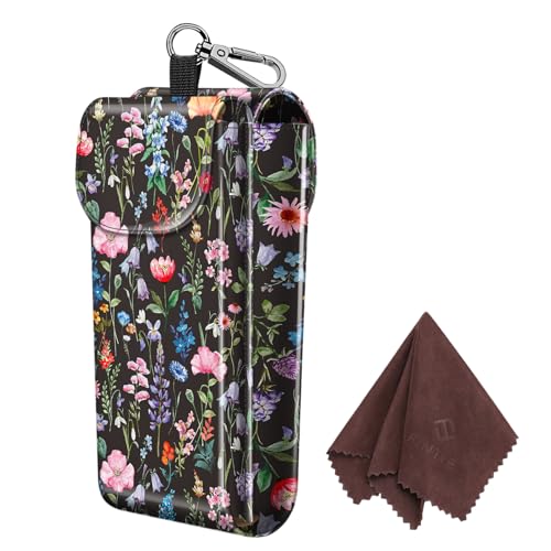 FINTIE Double Glasses Case with Carabiner Hook, Portable Vegan Leather Eyeglass Case Anti-scratch Sunglasses Pouch - color: Black Floral