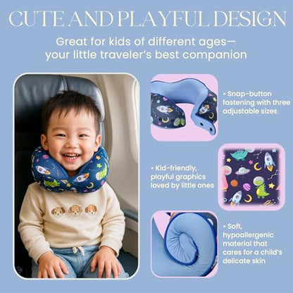 SKYTRAX® Certified Kids Safe Memory Foam Travel Neck Pillows for Kids and Toddlers, Cute Cartoon Design, Car Seat & Airplane Head Neck Support, Adjustable Snap Buttons, Washable Soft Cover (Dinosaur) - color: Universe/Dinosaur