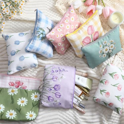 Sanwuta 9 Pcs Flower Canvas Makeup Bags Bulk Floral Cosmetic Bags 8.7" x 6" Spring Daisy Tulip Toiletry Pouch Small Cute Travel Purse with Zipper Portable Organizer Mother Day Gift for Women Friend - style: Spring Flower
