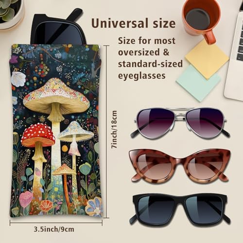 Eyeglasses Sunglasses Case PU Soft Squeeze Top Glasses Pouch for Women Student,Floral Pattern Portable Anti Scratch - color: White-mushrooms07