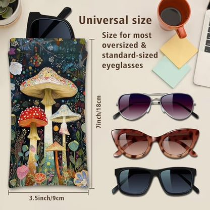 Eyeglasses Sunglasses Case PU Soft Squeeze Top Glasses Pouch for Women Student,Floral Pattern Portable Anti Scratch - color: White-mushrooms07