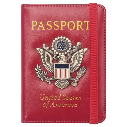 Coowayze US Passport Holder Wallet for Travel Men Women Red RFID Passport Cover Case, Waterproof Red Leather Passport Book Protector with Vaccine Card Slot Travel Document Organizer - color: Red