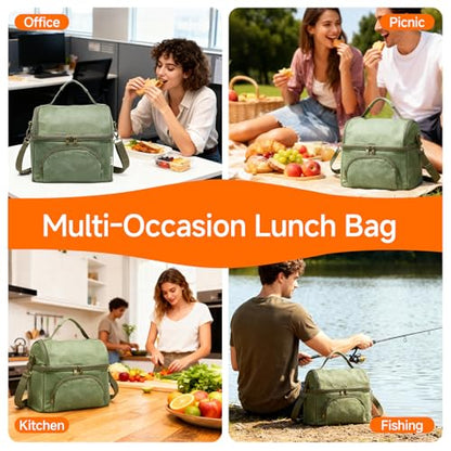 Waxed Canvas Lunch Bag with 2 XL Ice Packs, Canvas Lunch Box, Lunch Cooler for Men Work, 10.5L 2 Compartments Insulated Leakproof Cooler Bags for Camping, Beach and Road Trips - color: London Green