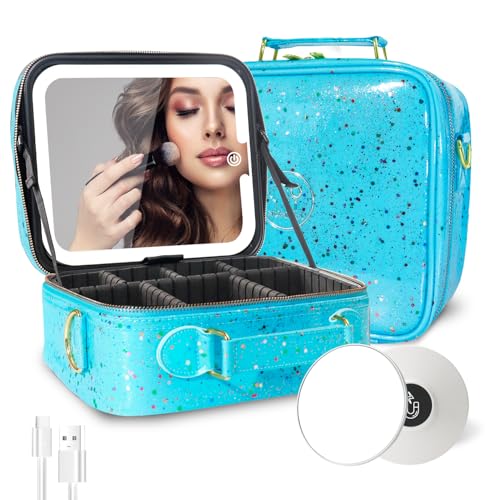 MOMIRA Travel Makeup Bag Cosmetic Bag with Lighted Mirror, Adjustable Brightness in 3 Color Scenarios/Detachable makeup mirror, 2024-All-round Upgrade, Waterproof, Gift for Women -Glett Blue - color: Aqua Blue, size: Medium