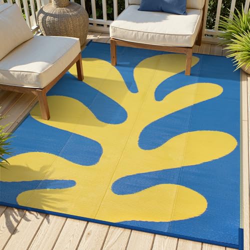 Lahome Plastic Ocean Coral Outdoor Rug, 6x9 Funnky Waterproof Outdoor Patio Rug, Portable Lightweight Rv Mats for Outside Camping Beach Picnic, Blue 6'x9' - color: Blue Yellow, size: 6' x 9' (Rectangular)