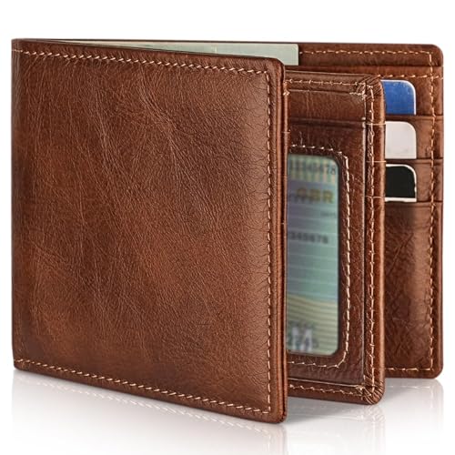 Artpaxy Mens Wallet Genuine Leather Bifold RFID Blocking Wallet for Men with 1 ID Window 13 Card Holders 2 cash pockets 1 Gift Box - color: Brown