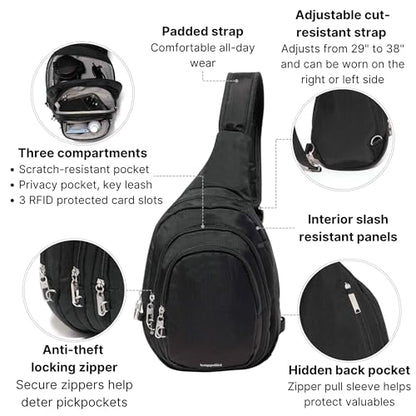 Baggallini Securtex® Anti-Theft Multi Zip Sling - Lightweight 8.6"x15.2" Travel Bag with Locking Zippers & RFID Protection - color: Black
