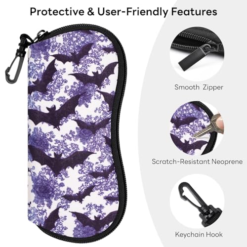 Sunglasses Case with Belt Clip, Ultra Light Neoprene Zipper Soft Padded Glasses Case for Women Men - color: Bats