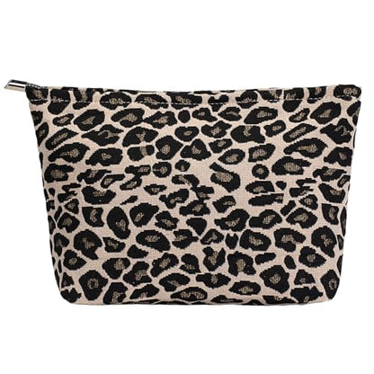 Brown Leopard Canvas Makeup Bag Organizer for Women & Girls - Large Capacity Travel Toiletry Pouch | Purse Organizer Cosmetic Zipper Bag - color: leopard print