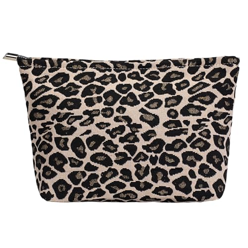 Brown Leopard Canvas Makeup Bag Organizer for Women & Girls - Large Capacity Travel Toiletry Pouch | Purse Organizer Cosmetic Zipper Bag - color: leopard print