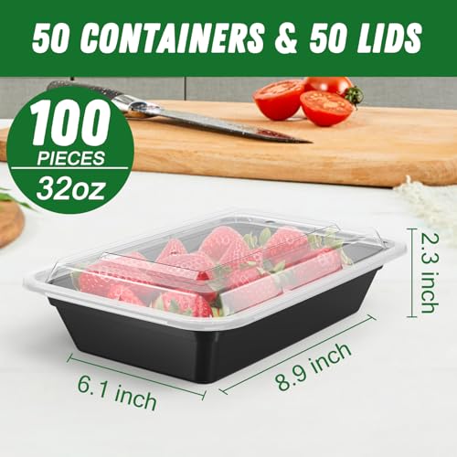 Dealusy 50 Pack (100-Piece) 32 oz Meal Prep Containers Reusable with Lids, Sturdy Leakproof & Food Safe, Microwave, Freezer, Dishwasher Safe Prep Containers, To Go Take Out Plastic Food Storage - size: 32 oz