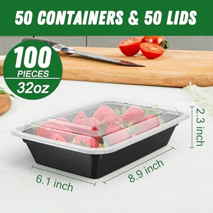 Dealusy 50 Pack (100-Piece) 32 oz Meal Prep Containers Reusable with Lids, Sturdy Leakproof & Food Safe, Microwave, Freezer, Dishwasher Safe Prep Containers, To Go Take Out Plastic Food Storage - size: 32 oz