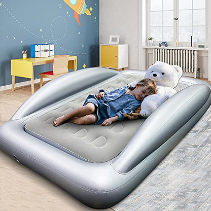 Inflatable Kids Travel Bed Toddler Air Mattress Set,Portable Blow Up Mattress Sleeping Bed Cot with Bed Rails and Electric Pump Ideal for Road Trip - color: Grey