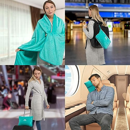 BlueHills Premium Soft Travel Blanket Pillow Airplane Blanket Packed in Soft Bag Pillowcase with Hand Luggage Belt and Backpack Clip, Compact Pack Large Warm for Any Travel (Teal Green T006) - color: Teal-1pk-t006