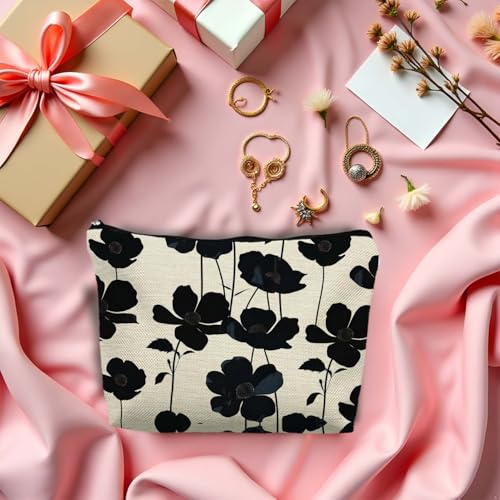Boho Black and Beige Floral Makeup Cosmetic Bag for Women, Black and White Modern Botanical Flower Aesthetic Portable Travel Toiletry Bag Zipper Makeup Pouch - color: Flower four