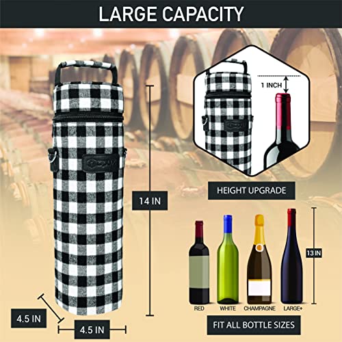 opux Wine Bag Single Bottle Carrier Tote, Insulated Wine Cooler Bag for Travel Picnic Beach with Shoulder Strap, Thermal One Bottle Holder Carrying Case Wine Gift for Women Men, Plaid Buffalo White - color: Buffalo Plaid White