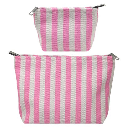 2 Pcs Makeup Bag Set, Women Gifts, Travel Cosmetic Bags, Canvas Make up Bag for Purse, Pink Striped Makeup Pouch with Zipper Lining, Cosmetic Storage Car Organizer, Portable Large & Small Toiletry - style: Striped Pink Canvas