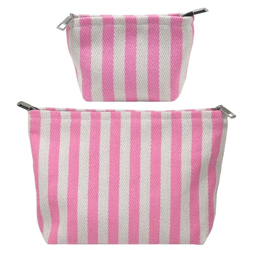2 Pcs Makeup Bag Set, Women Gifts, Travel Cosmetic Bags, Canvas Make up Bag for Purse, Pink Striped Makeup Pouch with Zipper Lining, Cosmetic Storage Car Organizer, Portable Large & Small Toiletry - style: Striped Pink Canvas