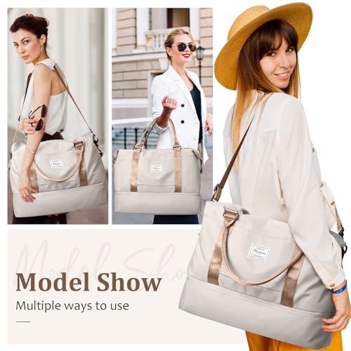 Weekender Bags for Women,Personal Item Travel Bag with Shoes Compartment,Overnight Travel Duffel Bag with Toiletry Bag - color: Beige & Brown, size: Large