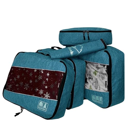 5 Set Packing Cubes for Travel Large Suitcase Luggage Organizer Bags Travel Accessories Vacation 4 Cubes 1 Laundry Pouch Bag - color: Snow Teal