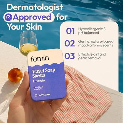 FOMIN - Paper Soap Sheets Tin for Traveling - 300 Variety (Unscented, Lemon, Lavender) Portable Travel Hand Soap Sheets, Dissolvable Mini Camping Hand Soap for Hand Washing and Camping - color: Variety Pack-001 (Unscented, Lemon, Lavender)