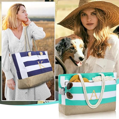 YOOLIFE Large Initial Beach Bag Waterproof Tote Zipper Bag Personalized Gifts for Women Her Birthday Travel Beach Essential - color: Light Blue, style: L