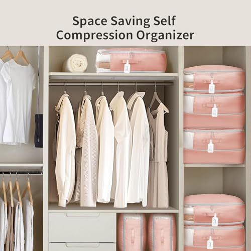 DIMJ Comforter Storage Bag 6 Pack - Blanket Storage Organizer Compression Bags, Large Capacity Ultra Space Saving Self Compression Organize for Bedding, Pillow, Duvet, Sheet Storage with Zipper Window - color: Pink, size: 66L x 6 Pack