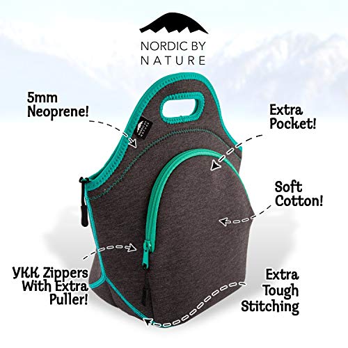 Nordic By Nature Insulated Neoprene Lunch Bag, Soft & Foldable Washable & Reusable Extra-Pocket (L) Dark Grey/Lagoon - color: Dark Gray/Lagoon, size: Large