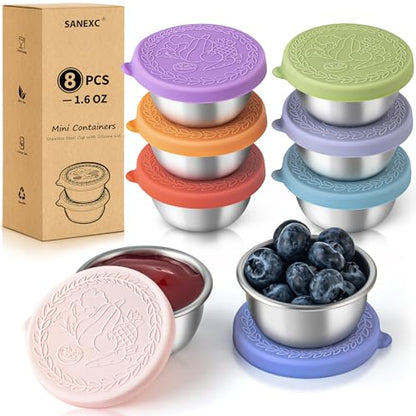 SANEXC 8 Pack - 1.6 Oz Small Salad Dressing Containers To Go, Leakproof Condiment Containers with Lids Reusable Stainless Steel Sauce Cups for Lunch Boxes Kitchen Storage Picnics Travel Meal Prep - color: 1.6 OZ-Multicolor