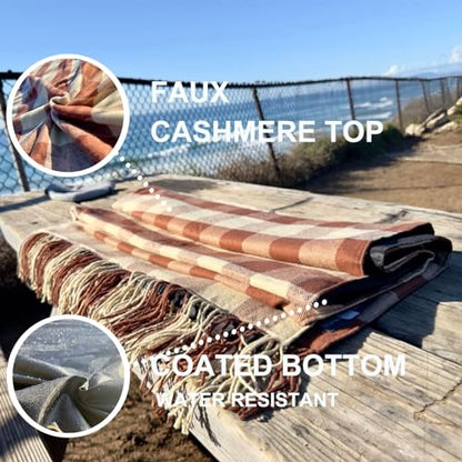 Picnic Blanket Extra Large Waterproof with Strap 59"x79" - Machine Washable Tassels Faux Wool Cashmere for Park, Grass, Camping, Hiking, Concerts (Coffee Plaid, 59"X79") - color: Coffee Plaid