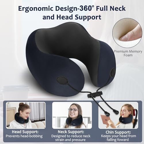 Travel Pillow, Memory Foam Neck Pillow for Airplane, Ergonomic Neck Support with Washable & Breathable Cover, Includes Eye Mask, Earplugs & Compact Bag for Long Flights, Cars, Home & Office
