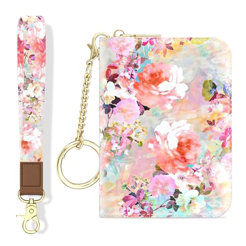 Aiawoxc Credit Card Holder, Small RFID Wallet Slim Leather Card Organizer Case with Zipper and Wristlet Strap, Watercolor Flowers - color: B-Watercolor Flowers, size: Wrist Strap