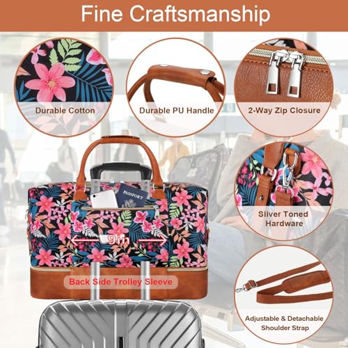 ITIEZY Weekender Overnight Bag for Women - Large Travel Duffel Bag with Shoe Compartment, Gym Duffel Bag Hospital Bag Carry On Tote Bags for Airplanes with Crossbody Bag Toiletry Bag 3Pcs Set - color: 9-Black Fower