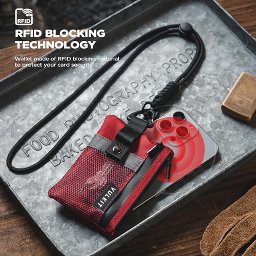 VULKIT Small Minimalist Wallet for Women and Men RFID Blocking, Zipper Coin Pouch with ID Window and Keychain, Water Resistant Travel Lanyard Wallet Red - color: Red