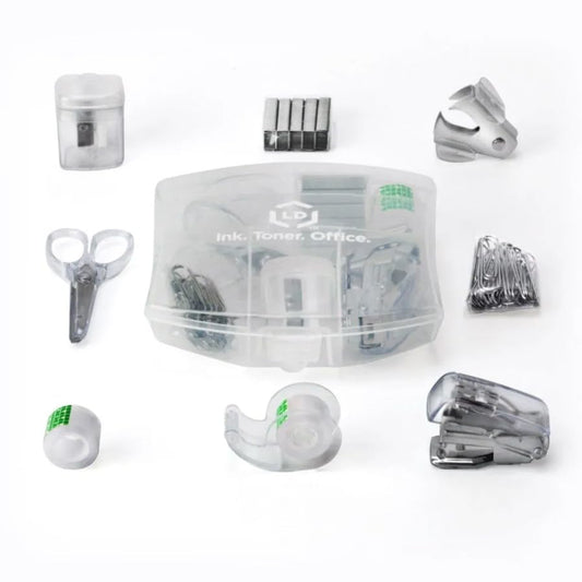LD Products Clear Mini Office Supply Kit Portable Case with Scissors, Paper Clips, Tape Dispenser, Pencil Sharpener, Stapler & Staple Remover - color: Clear