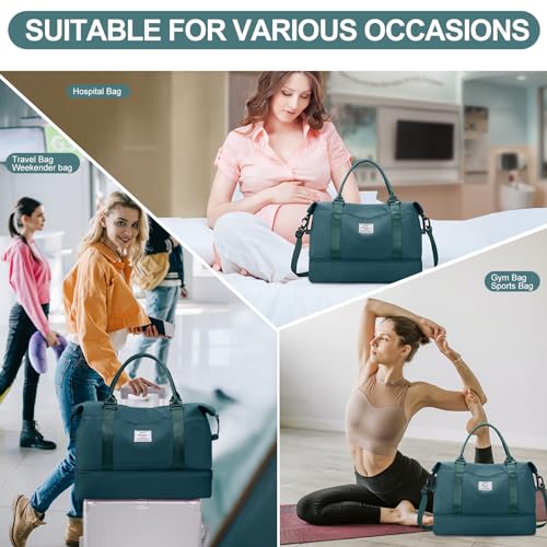 Weekender Bags for Women,Travel Duffle Overnight Bag with Shoe Compartment,Personal Item Carry On Bag,Gym Bag,3 Pcs Set - color: A-Peacock Blue-3Pcs-0022, size: Large