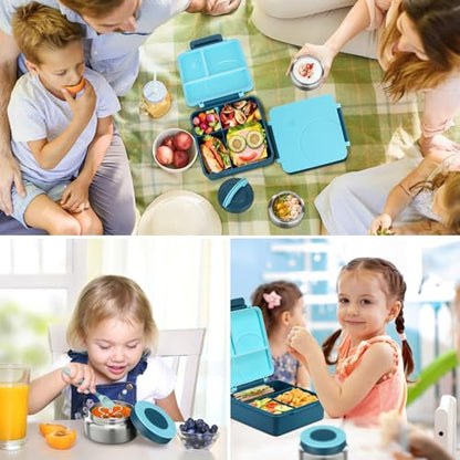 Bento Lunch Box Set for Kids with 8oz Soup Thermo, Leak-Proof Lunch Containers with 4 Compartment, Kids Thermo Hot Food Jar and Insulated Lunch Bag for Kid to School-Blue - color: Blue