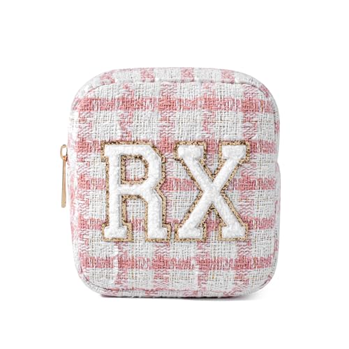 uekeboag Personalized Small Checkered Medicine Cosmetic Bag, Cute Plaid Pattern Chenille Letter Patch RX Drug Pouch with Zipper, Makeup Travel Gift Bag for Women and Girls (08 Pink Checkered) - color: 08Pink Checkered